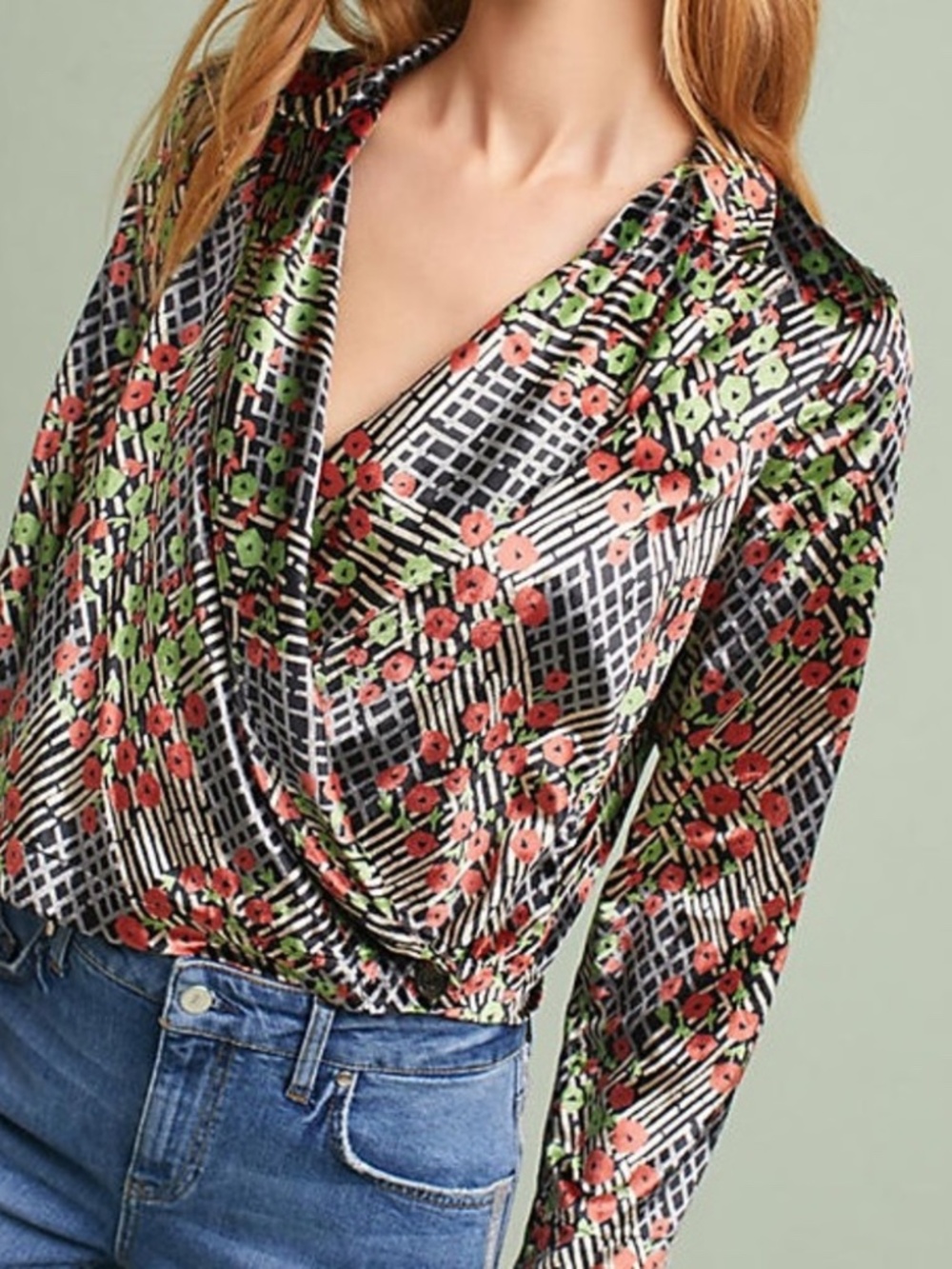 Anthropologie Ett:Twa Velvet Wrap Front Blouse Floral Burnout Size 2